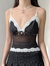 Y2K-Inspired Lace Bow Cami Top with V-Neck & Polka Dot Mesh - Stretchy, Breathable Fabric for All Seasons