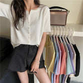 Short Sleeve Candy Colors Button Knitted Shirt