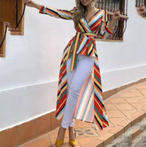 Stripe V Neck Belted Shirt Dress