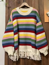 Long Sleeve Rainbow Striped Knitted Tassel Sweater