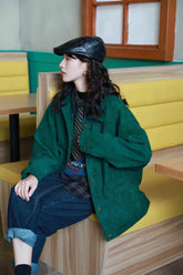 Loose Solid Green Corduroy Basic Jacket
