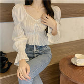 Long Sleeve Lace Tie Cropped Blouse Shirts