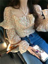 Hanging Neck Square Collar Floral Blouse Shirts