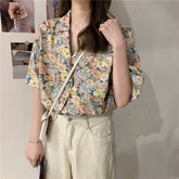 Short Sleeve Floral Pattern Notched Blouse Shirt