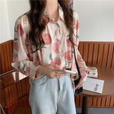 Long Sleeve Peach Full Printed Blouse Shirt