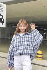 Vintage Fledermausärmel Lockeres Kariertes Hemd