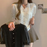 Short Sleeve V-Neck Lace Pearls Button Chiffon Shirt