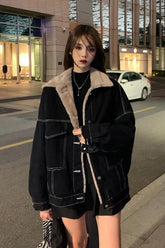 Chaqueta vaquera negra gruesa y cálida con solapa informal