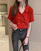 Short Sleeve Chiffon Notched Blouse Shirt