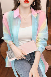Long Sleeve Pastel Rainbow Chiffon Office Blouse Shirt