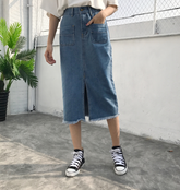 Lässiger, schmaler Jeansrock mit Taschen und hoher Taille