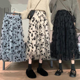 Flowers Pattern Mesh Transparent Long Skirt