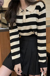 Long Sleeve Turn Down Collar Striped Slim Sweater