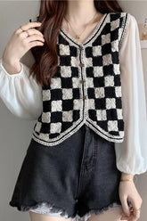 Long Sleeve V-Neck Transparent Checkerboard Crochet Shirts