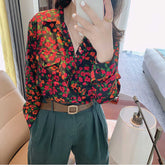 Long Sleeve Flowers Pattern Notched Blouse Shirt