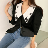 Elegant Floral Embroidered Retro Collar Blouse Shirt