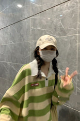 Vintage Green Striped Loose Collar Shirts