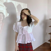 Casual Short Sleeve Ruffles Solid Blouse Shirt