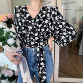 Long Sleeve V-Neck Chiffon Floral Shirt