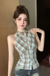 Sleeveless Off Shoulder Plaid Blouse Shirt
