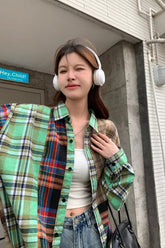 Long Sleeve 3 Colors Plaid Combination Blouse Shirt