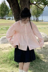 Vintage Plaid Pattern Peter Pan Collar Ruffle Blouse Shirt