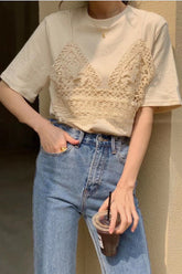 Camisa de dos piezas con cuello redondo y encaje calado