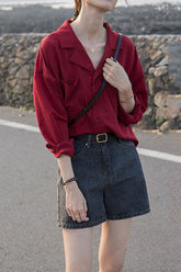 Long Sleeve Simple Notched Blouse Shirts