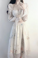 Long Sleeve Retro Floral Pattern Long Dress