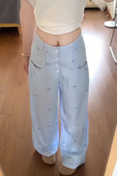 High Waist Bow Embroidery Blue Striped Wide Leg Pants