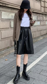High Waist Elastic Casual Leather Shorts