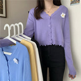 Suéter tipo cárdigan con cuello en V y flores 3D de bolsillo