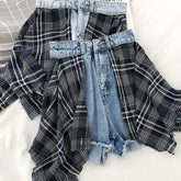 Plaid Stitching Two Style Wide Leg Denim Shorts