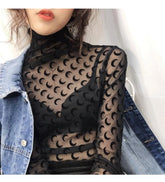 Sexy Long Sleeve Moon Pattern See Through Turtleneck Shirt