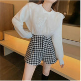 High Waist Houndstooth Pattern Office Shorts
