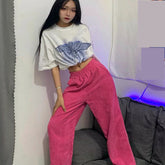 Elastic Waist Pink Corduroy Long Pants