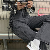 High Waist Side Lace Up Grey Jeans Pants