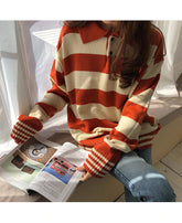 Color Stripe Casual Turn-Down Collar Knitted Sweater