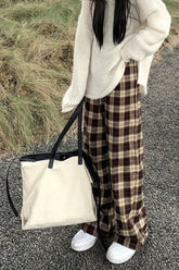 Loose Coffee Plaid Casual Long Pants