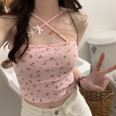 Sexy Floral Halter Cross Slim Crop Tops