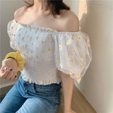 Small Daisy Embroidery Mesh Off Shoulder Shirts