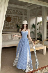 Sexy Elegant Lace Patchwork Plaid Long Dress