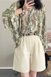 Long Sleeve Flowers Pattern Green Blouse Shirt