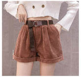 High Waist Corduroy Basic Shorts with Belt