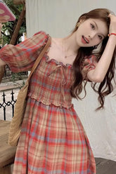 Retro Plaid Square Collar Puff Sleeve Long Dress