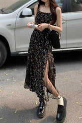 Floral Pattern Mesh Irregular Long Dress