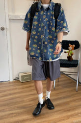 Short Sleeve Daisy Printed Denim Men Shirts