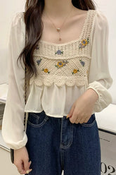 Long Sleeve Flower Embroidered Crochet Blouse Shirts
