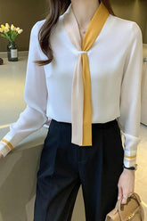 Long Sleeve Scarf Bow Chiffon Office Blouse Shirt