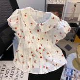 Puff Sleeve Cute Cherry Printed Blouse Shirts